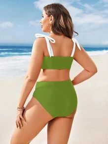 Plus Size Color Block Tie Shoulder Bikini Set Summer Beach - Green - View 2