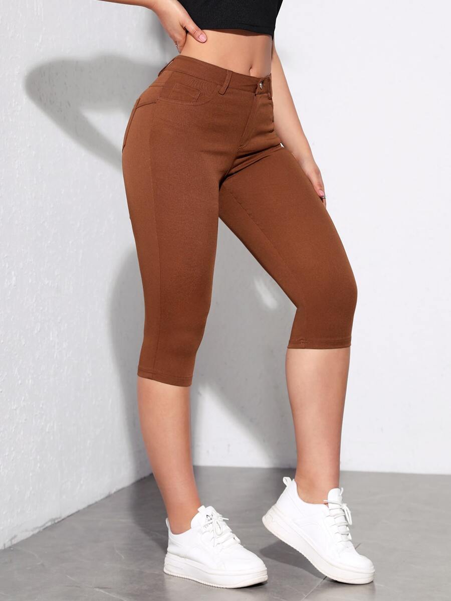SHEIN Essnce Solid Skinny Capri Jeans - Brown - View 1