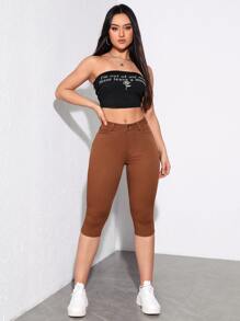 SHEIN Essnce Solid Skinny Capri Jeans - Brown - View 2