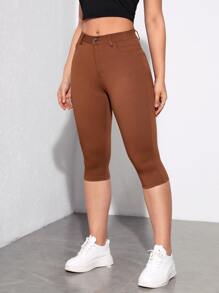 SHEIN Essnce Solid Skinny Capri Jeans - Brown - View 4