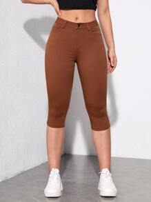 SHEIN Essnce Solid Skinny Capri Jeans - Brown - View 5