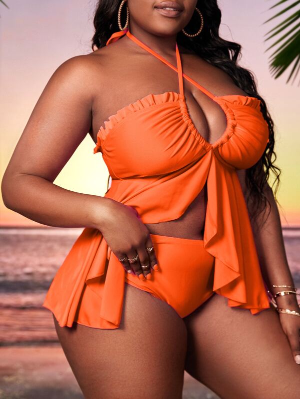 Plus Neon Pink Tankini Set Frill Trim Flowy Halterneck Top & High