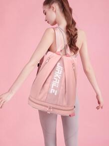 Letter Print Gym Bag Waterproof With Shoes Compartment For Sport - Pink - View 3
