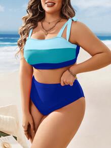 SHEIN Swim Curve Conjunto de Bikini de talla grande con bloques de color y tiras ajustables para la playa de verano - Azul - Ver 4