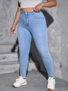 SHEIN EZwear Plus High Waist Skinny Jeans - Light Wash - View 1