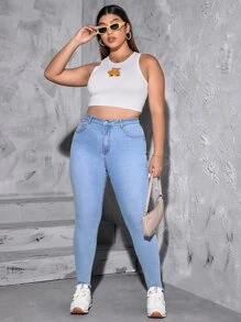 SHEIN EZwear Plus High Waist Skinny Jeans - Light Wash - View 3