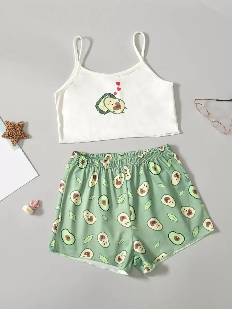 Tween Girl Cartoon Avocado Graphic Cami Top & Shorts PJ Set - Multicolor - View 1