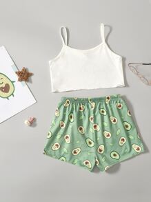 Tween Girl Cartoon Avocado Graphic Cami Top & Shorts PJ Set - Multicolor - View 2