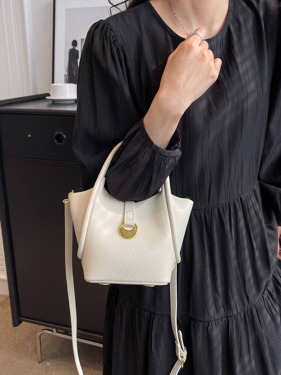 Litchi Embossed Metal decor Bucket Bag Litchi Embossed - White - View 1