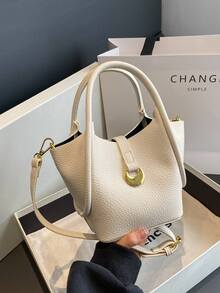 Litchi Embossed Metal decor Bucket Bag Litchi Embossed - White - View 2