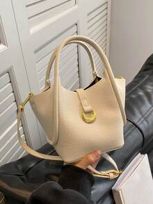 Litchi Embossed Metal decor Bucket Bag Litchi Embossed - White - View 5