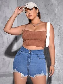 Shorts en mezclilla de talle alto desgarro ribete sin dobladillo - Azul lavado medio - Ver 2