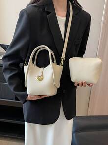 Litchi Embossed Metal decor Bucket Bag Litchi Embossed - White - View 6