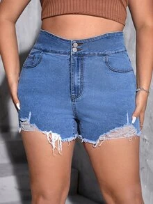 Shorts en mezclilla de talle alto desgarro ribete sin dobladillo - Azul lavado medio - Ver 3