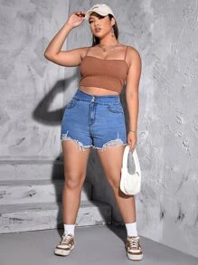 Shorts en mezclilla de talle alto desgarro ribete sin dobladillo - Azul lavado medio - Ver 5