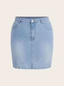 SHEIN Essnce Plus High Waist Denim Skirt - Medium Wash - View 1