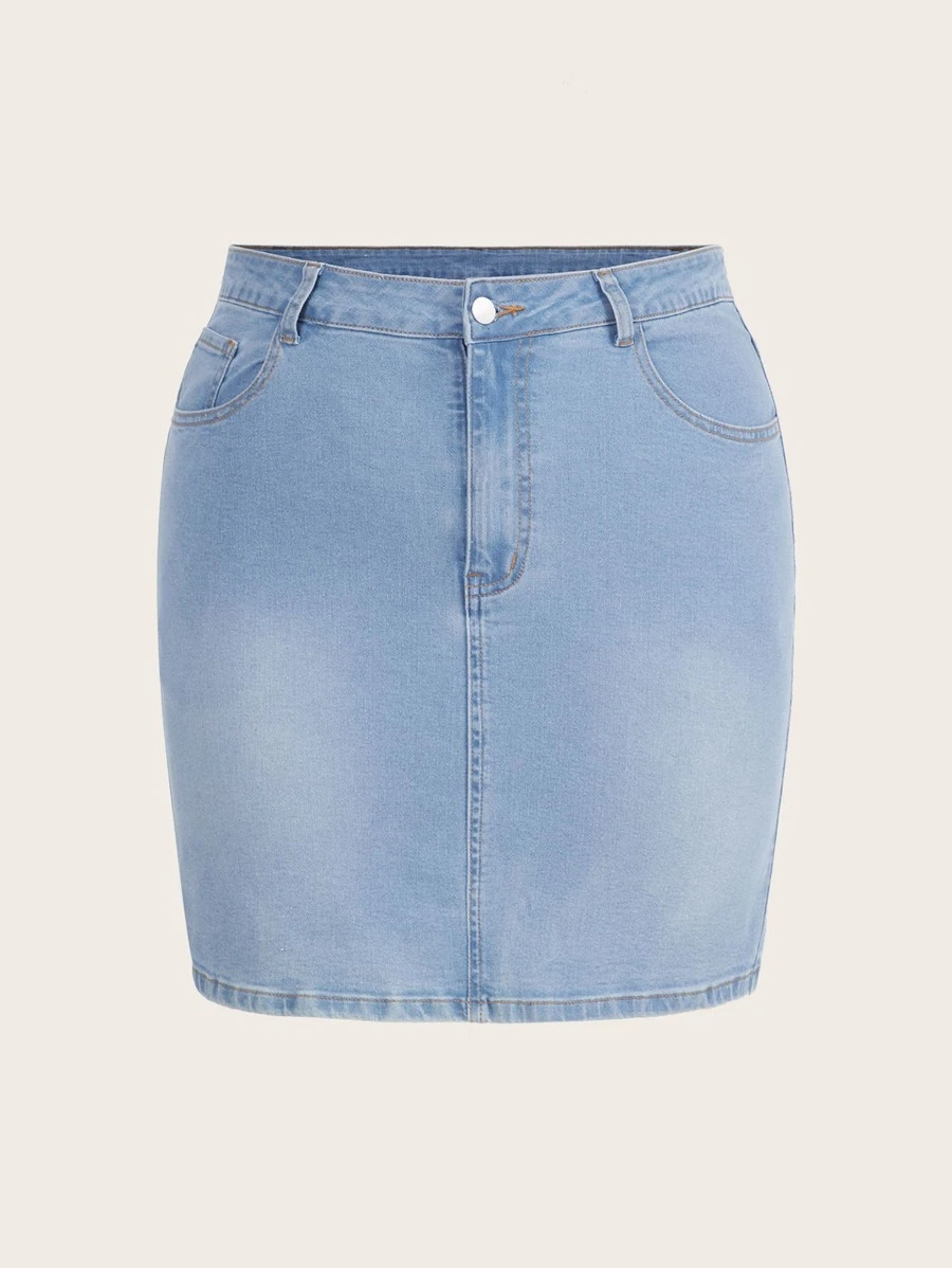 SHEIN Essnce Plus High Waist Denim Skirt - Medium Wash - View 1