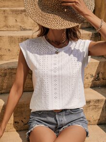 SHEIN LUNE Eyelet Embroidery Batwing Sleeve Tee - White - View 5