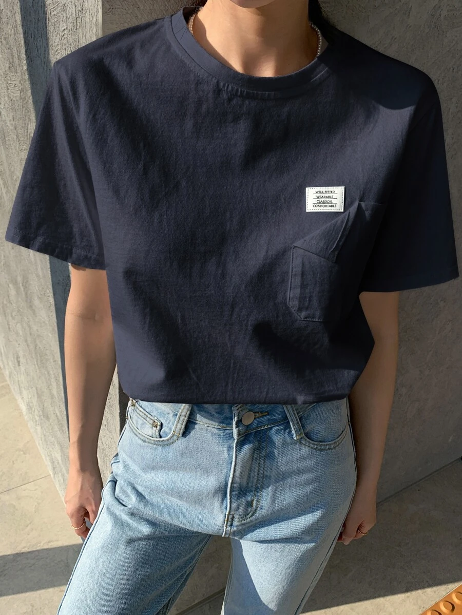 DAZY 字母補丁細節口袋前短袖t恤 - 藏蓝色 - 查看 1