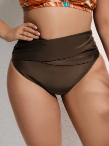 SHEIN Swim Curve Plus Solid High Waisted Bikini Bottom - Chocolate Brown - View 3