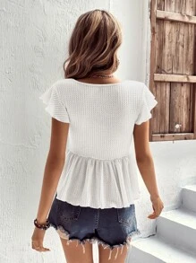 SHEIN VCAY 方領蝴蝶袖荷葉邊下擺T恤 - 白色 - 查看 2