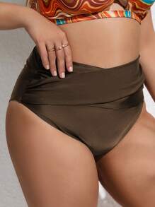 SHEIN Swim Curve Plus Solid High Waisted Bikini Bottom - Chocolate Brown - View 4