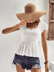 SHEIN VCAY 方領蝴蝶袖荷葉邊下擺T恤 - 白色 - 查看 3