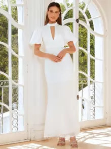 SHEIN Belle Váy cưới Cắt ra Dây kéo màu trơn - trắng - Xem 1