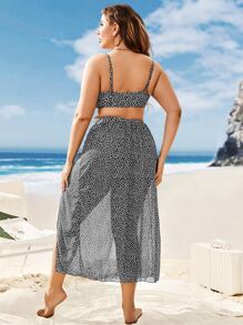 SHEIN Swim Curve Plus Size Ditsy Floral Print Bikini Set With Beach Skirt Summer Beach - Black and White - View 2