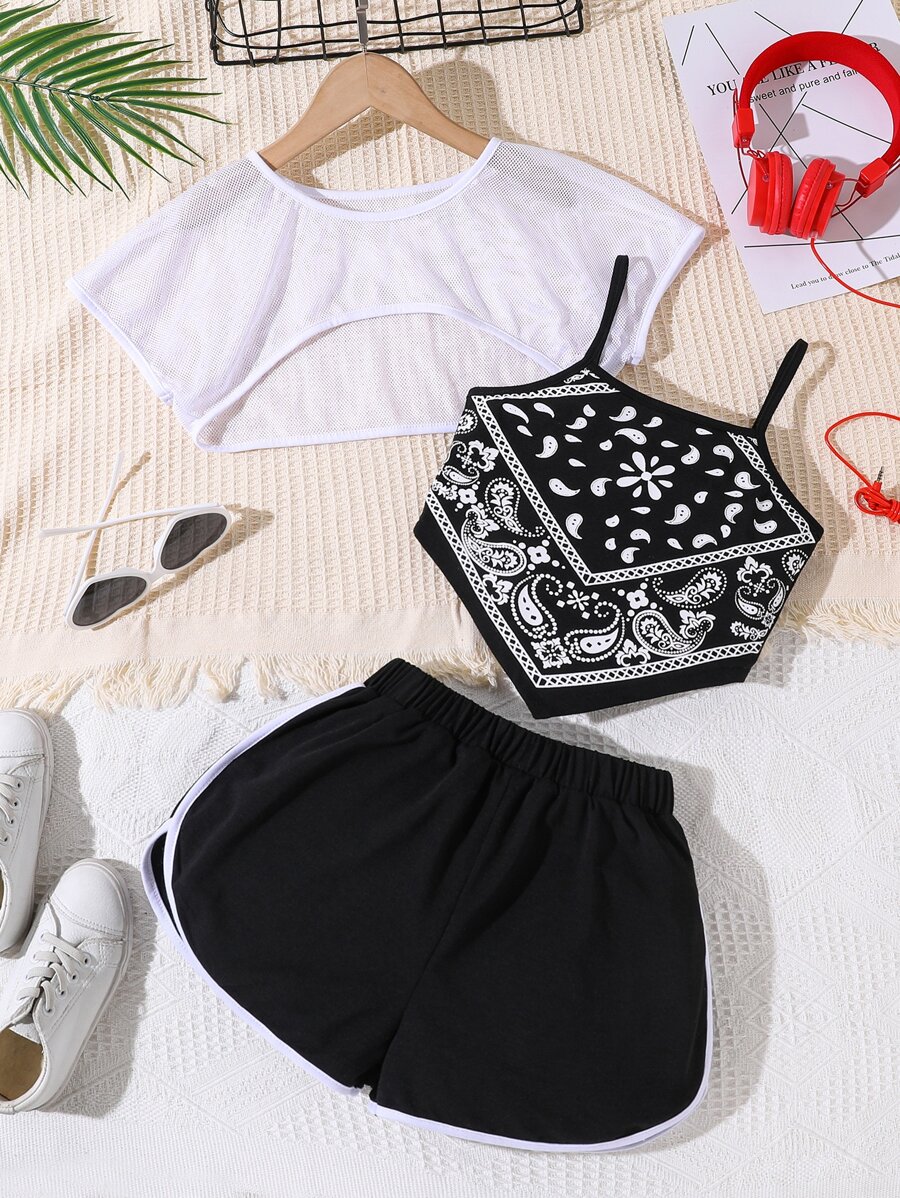 SHEIN Cô gái Tween In hoa Paisley Áo Cami & Quần short & Siêu crop Lưới Áo - Đen và trắng - Xem 1