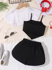 SHEIN Cô gái Tween In hoa Paisley Áo Cami & Quần short & Siêu crop Lưới Áo - Đen và trắng - Xem 2