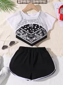 SHEIN Cô gái Tween In hoa Paisley Áo Cami & Quần short & Siêu crop Lưới Áo - Đen và trắng - Xem 6