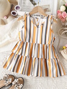 Girls Striped Print Knot Shoulder Ruffle Hem Tank Top - Multicolor - View 1