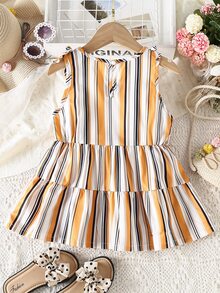 Girls Striped Print Knot Shoulder Ruffle Hem Tank Top - Multicolor - View 2