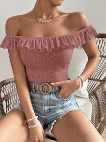 SHEIN VCAY 一字肩荷葉邊網眼刺繡網眼刺繡上衣