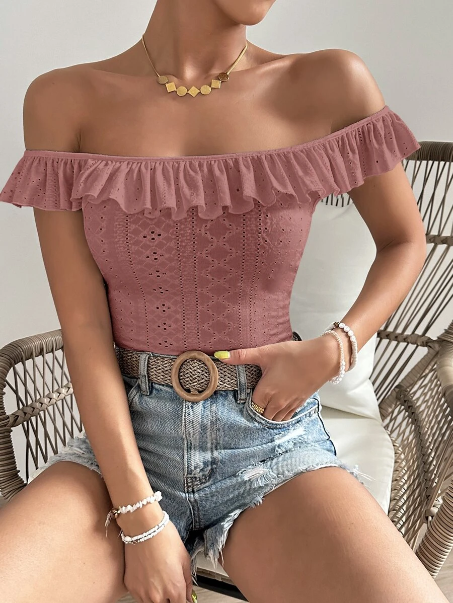 SHEIN VCAY 一字肩荷葉邊網眼刺繡網眼刺繡上衣