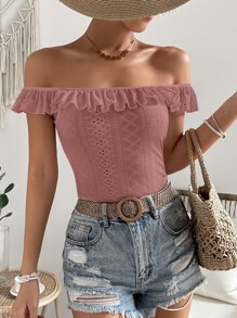 SHEIN VCAY 一字肩荷葉邊網眼刺繡網眼刺繡上衣