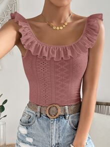 SHEIN VCAY 一字肩荷葉邊網眼刺繡網眼刺繡上衣