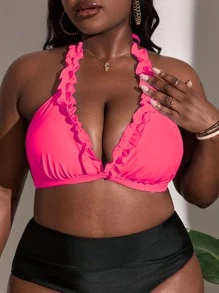 SHEIN Swim Curve Plus Size Frill Trim Halter Bikini Top Summer - Pink - View 1