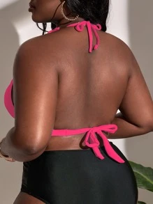 SHEIN Swim Curve Plus Size Frill Trim Halter Bikini Top Summer - Pink - View 2