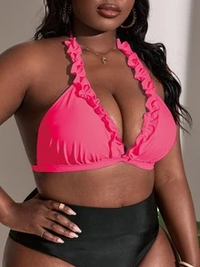 SHEIN Swim Curve Plus Size Frill Trim Halter Bikini Top Summer - Pink - View 4
