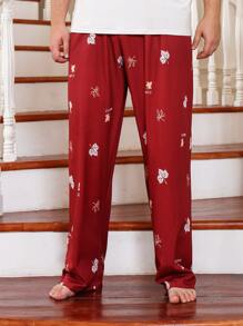 Extended Sizes Men Leaves And Letter Graphic Sleep Trousers - Red - View 1
