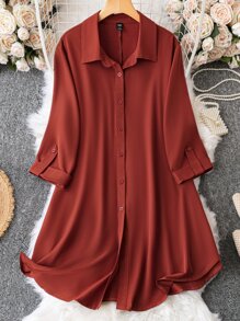 SHEIN LUNE Plus Roll Tab Sleeve Button Front Shirt Dress - Rust Brown - View 1