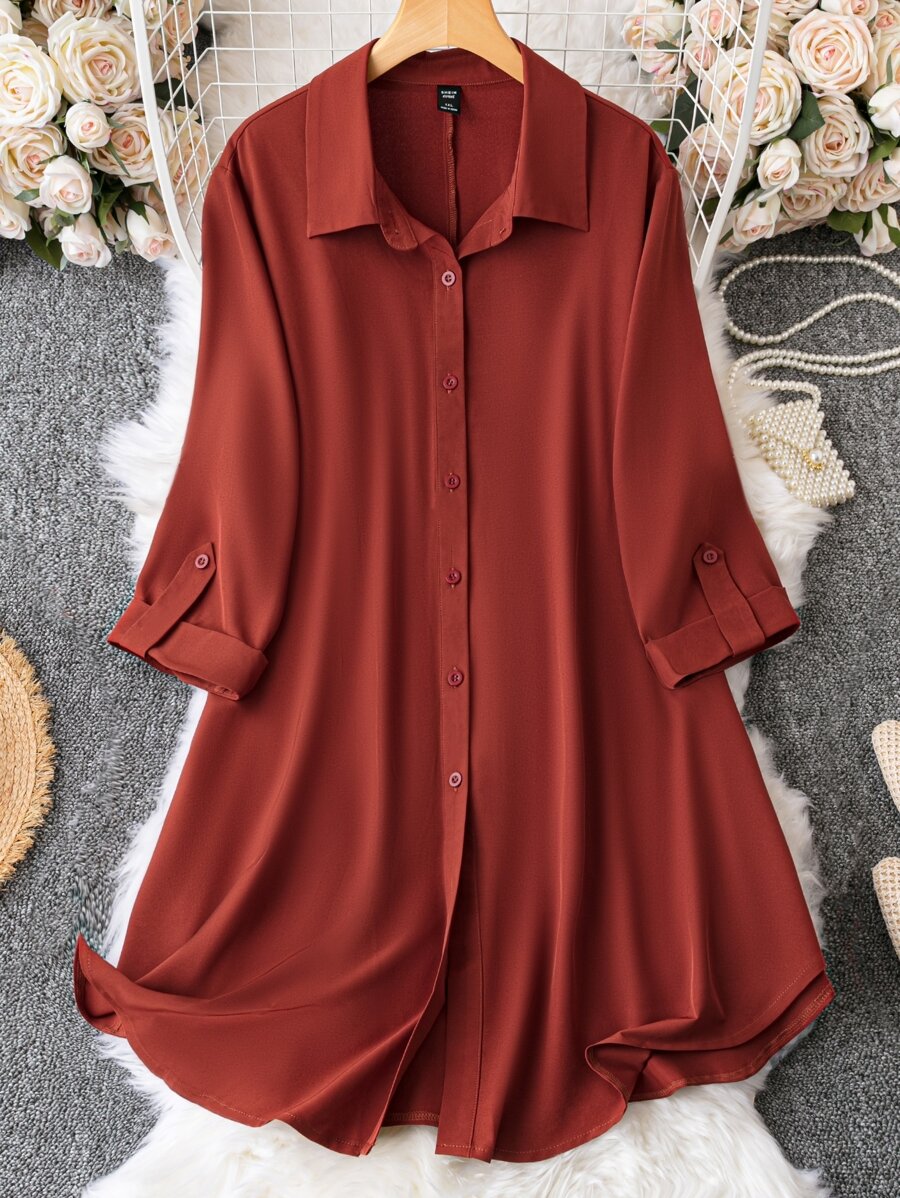SHEIN LUNE Plus Roll Tab Sleeve Button Front Shirt Dress - Rust Brown - View 1