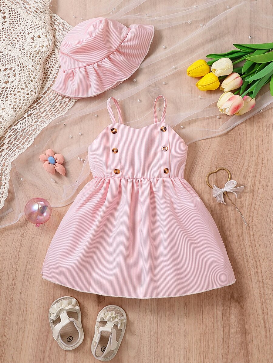 Baby Striped Button Detail Cami Dress & Accessory Hat - Baby Pink - View 1