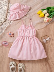 Baby Striped Button Detail Cami Dress & Accessory Hat - Baby Pink - View 2