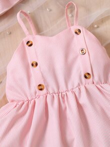 Baby Striped Button Detail Cami Dress & Accessory Hat - Baby Pink - View 3