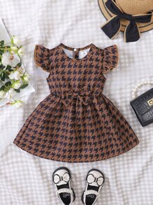 Baby Houndstooth Print Ruffle Trim Bow Front Dress - Brown - View 1
