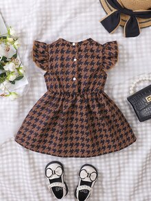 Baby Houndstooth Print Ruffle Trim Bow Front Dress - Brown - View 2