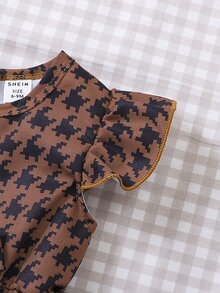 Baby Houndstooth Print Ruffle Trim Bow Front Dress - Brown - View 7